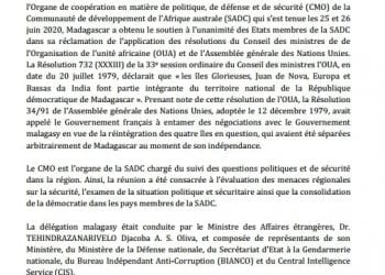 DOSSIER « ILES EPARSES » – Madagascar annonce un soutien unanime des pays de la SADC dans sa revendication des « Iles malgaches de l&rsquo;océan Indien »