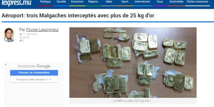 DIPLOMATIE – Madagascar ouvre les négociations pour le rapatriement de 25,5 kg d&rsquo;or clandestinement exportés à Maurice en janvier 2019