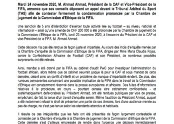 FOOTBALL – Ahmad conteste la sanction de la Fifa et dénonce une attaque contre l&rsquo;autodétermination du football en Afrique