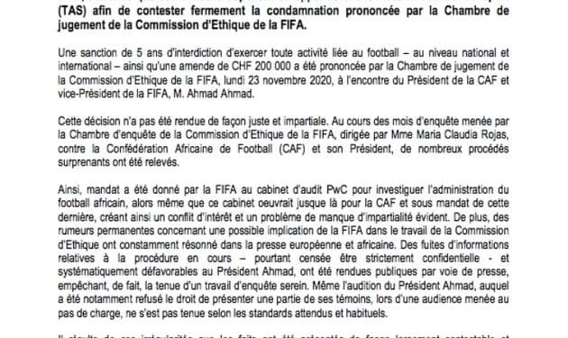FOOTBALL – Ahmad conteste la sanction de la Fifa et dénonce une attaque contre l’autodétermination du football en Afrique