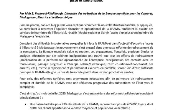 ENERGIE – « Le tarif Optima permet d’augmenter de 95 milliards d’ariary par an les recettes de la Jirama », estime la Banque mondiale