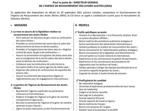 ADMINISTRATION – L&rsquo;appel à candidature pour le poste de directeur général de l&rsquo;Agence de recouvrement des avoirs illicites (ARAI) ouvert jusqu&rsquo;au 19 Novembre