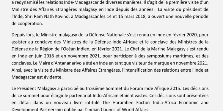 COMMUNIQUE DE PRESSE Madagascar : Un partenaire solide de l&rsquo;Inde