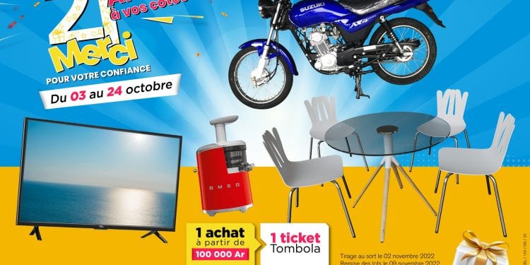📢21 ans à vos côtés, merci pour votre confiance. Du 03 au 24 octobre 2022, participez à la grande tombola avec Bricoland et tentez de gagner l’un de ces lots lors du tirage au sort ! 👉Effectuez un achat à partir de 100 000 Ar en magasin ou sur www.bricoland.mg et recevez votre ticket de participation !