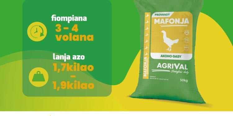 Ny provandy ho an&rsquo;ny AKOHO GASY vokarin&rsquo;ny orinasa AGRIVAL dia hitanao eny amin&rsquo;ny mpanjinjara akaiky anao rehetra. Ny fampiasana azy dia ahazoanao 1,9kg ao anatin&rsquo;ny 4 volana ary feno ny singa rehetra ilaina amin&rsquo;ny fitomboan&rsquo;ny biby fiompinao